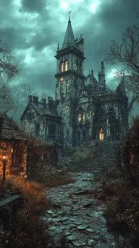 ↑↑↑ Larger size on website 🔸 A gothic-style manor with a tall steeple rises amidst a dark, stormy sky. Rain falls in sheets, and Nether Builds, Gothic Village, Dark Stormy Sky, Gothic Graveyard, Gothic Manor, Sky Rain, Dark Castle, Gothic Castle, Stormy Sky