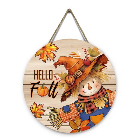 PRICES MAY VARY. Unique Design: Patterned with fall patterns, our wood autumn door sign printed with cute scarecrow, delicate and designed. With a hemp rope for hanging, very easy to install. Perfect Size: The round fall scarecrow door sign with approx 12 x 12 (30x30cm), which suitable hanging size can be decorated as you like. Please ensure the size of our round wooden door sign can meet your demands before ordering. Quality Material: This orange autumn door sign made of durable wood, safe and Fall Boards Signs, Round Wood Door Hangers, Autumn Welcome Sign, Scarecrow Door Hanger, Autumn Scarecrow, Cute Scarecrow, Dried Potpourri, Sign For Front Door, Fall Boards