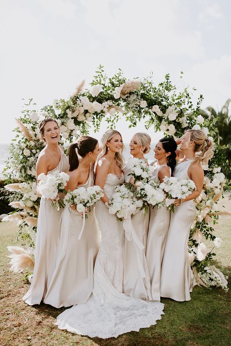 Ivory Wedding Dress With Bridesmaids, White Themed Wedding Bridesmaid Dresses, Soft Champagne Bridesmaid Dresses, Gold And White Bridesmaid Dresses, Wedding White Bridesmaid Dresses, Wedding Party White Dresses, Bridesmaid In White Dresses, Silk White Bridesmaid Dresses, Elegant Neutrals Wedding