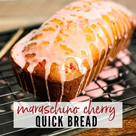 Easy Maraschino Cherry Quick Bread recipe can be served for brunch, dessert or as a gift from your kitchen. Packed with sweet cherries, a hint of almond flavor and topped with a pretty pink glaze, it's sure to be a hit. Makes a pretty addition to your Valentine's, Easter, Christmas or Mother's Day table. Best part - it's ready in about an hour! Creamsicle Salad, Cherry Quick Bread, Cherry Bread Recipe, Fall Bread Recipes, Easy Bread Recipe, Cheesesteak Sliders, Jello Salads, Cherry Bread, Brunch Dessert