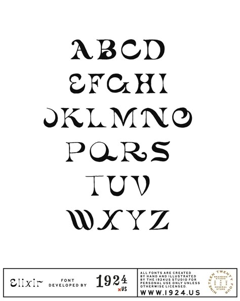 The Elixir font was developed by the 1924 team as an homage to the very, very days of old: back in the medieval times! The font, which showcases a more whimsical (but still quite bold) nuance, is great for personal projects and commercial uses alike. The font is fully functioning and has both sentence and title case av Chalk Alphabet Font, Victorian Font Typography, Sign Fonts Hand Lettering, Witchy Font Alphabet, Medieval Typography Design, Nature Fonts Alphabet, Funky Fonts Alphabet, Folk Font, Creative Lettering Fonts