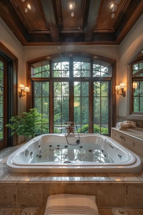 Bathroom Jacuzzi Tub Ideas, Jacuzzi Tub Bathroom, Jacuzzi Bathroom, Huge Bathtub, Master Patio, Dream Bathroom Ideas, Primary Bathrooms, Spiritual Baths, Big Bathtub