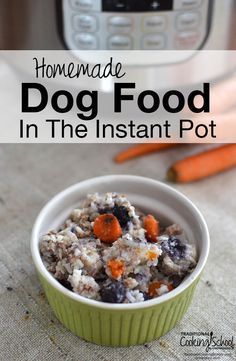 Homemade Dog Food In The Instant Pot | We had a flea-infested, overweight, balding dog with halitosis... great. With our vet's support, we switched to homemade dog food, and we've seen radical results! Here's my easy and healthy recipe for homemade dog food in the Instant Pot with a grain-free adaptation for dogs with allergies or weight issues. | TraditionalCookingSchool.com Food Instant Pot, Dogs With Allergies, Make Dog Food, Food Dog, Healthy Dog Food Recipes, Dog Allergies, Dog Recipes, Homemade Dog Food, Homemade Dog