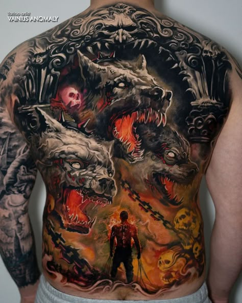 Back Full Tattoo, Cerberus Back Tattoo, Tattoo Full Back, Full Back Tattoo, Full Back Tattoos For Men, Cerberus Tattoo, Tato Joker, Galaxy Tattoo Sleeve, Tattoo Background