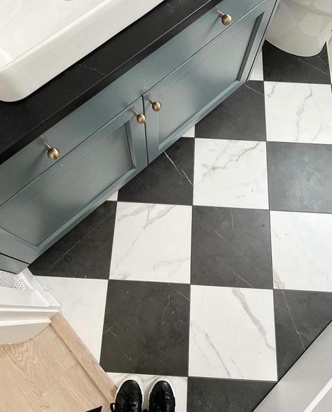 Who is a fan of the classic checkered floor? 🙋‍♀️ #havesomefun #interiors #checkeredfloor Checkered Powder Room, Black And White Checkered Floor Powder Room, Black And Blue Powder Room, Checkboard Floor Bathroom, Powder Room Checkered Floor, Black And White Powder Room Floor, Black And White Tile Powder Room, Fun Laundry Room Design, Black And White Floors Bathroom