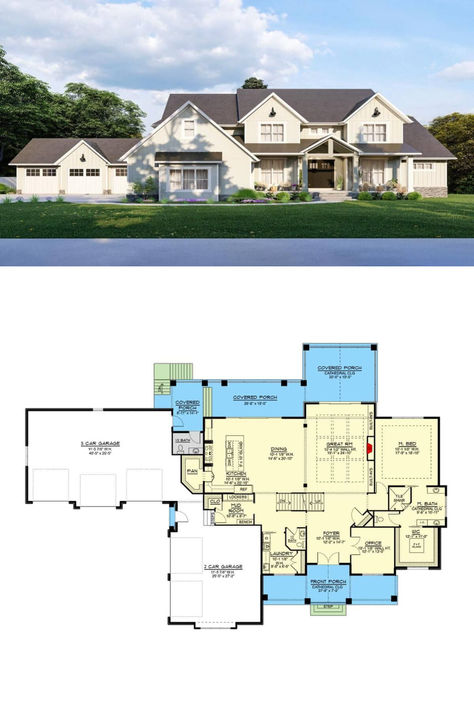 Single-Story 5-Bedroom Modern Farmhouse for a Wide Lot with 5-Car Garage and Basement Expansion (Floor Plan) Stone Skirting, Stacked Porches, Porch Supports, Decorative Columns, Southern Traditional, Modern Farmhouse Living, Country Craftsman, Board And Batten Siding, European Farmhouse