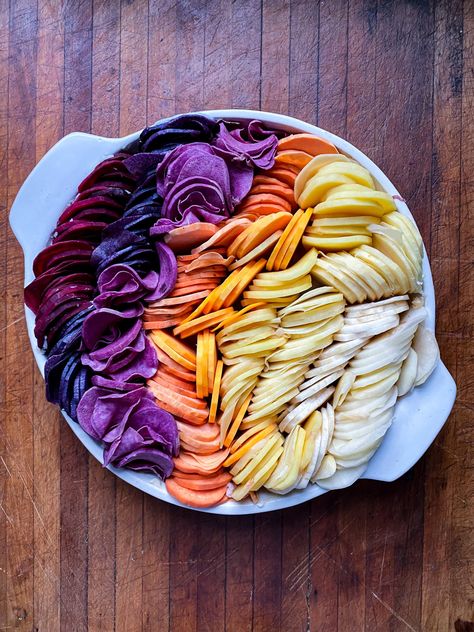 Ombré Root Vegetable Gratin — FEED THE SWIMMERS Rainbow Vegetable Gratin, Root Veggie Gratin, Root Vegetable Au Gratin, Vegan Vegetable Gratin, Scalloped Root Vegetables, Ombré Gratin Recipe, Vegan Vegetable Dishes, Thanksgiving Root Vegetable Recipes, Yule Meals