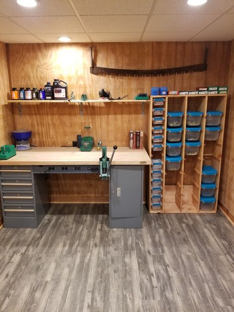 Basement Workshop Ideas, Gunsmithing Workshop Ideas, Hunting Storage Room Ideas, Hunting Gear Storage Room, Hunting Organization Storage, Hunting Workshop, Reloading Organization, Hunting Equipment Storage Ideas, Reloading Room Organization