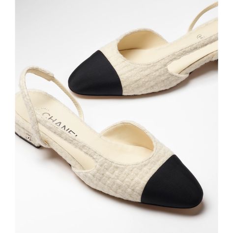 Slingbacks - Wool tweed & grosgrain — Fashion | CHANEL Chanel Low Heels, Chanel Shoes 2023, Quiet Luxury Shoes, Flat Chanel Slingback, Chanel Slingback Heels, Sling Back Chanel, Chanel Slingback Flats, Chanel Tweed Shoes, Chanel Shoes Outfit