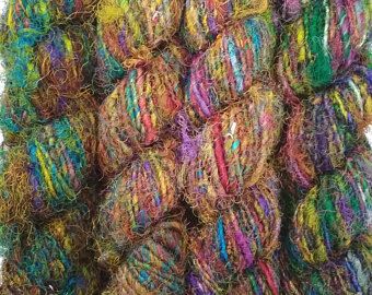 textileauction on Etsy sariseide aus INDIEN Sari Silk Yarn, Recycled Sari Silk Yarn, Woven Crochet, Recycled Sari Silk, Handmade Brand, Fabric Yarn, Sari Silk, Silk Yarn, Handspun Yarn