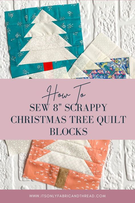 Use this 8″ Christmas Tree quilt block pattern to sew a forest of easy 8″ patchwork trees. The angled ends of the tree branches are simple to sew using a snowballed quilt corner method, which I will walk you through below. The tree is illustrated with a light background, but any colored fabric will work. Make your trees and background realistic or choose something entirely whimsical and scrappy! Tree Quilt Block Pattern, Christmas Tree Quilt Block Patterns, Christmas Present Quilt, Christmas Tree Quilt Pattern, Christmas Tree Quilt Block, Modern Christmas Quilt, Tree Quilt Block, Scrappy Patchwork, Tree Quilt Pattern