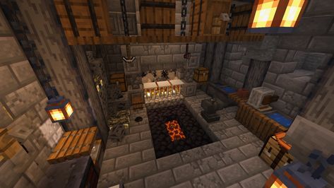 Mincraft Idea Blacksmith, Blacksmith Area Minecraft, Minecraft Black Smith Interior, Minecraft Dark Interior Design, Minecraft Workshop Ideas Interior, Minecraft Evil Lair Interior, Minecraft Anvil Room, Blacksmith Shop Minecraft, Minecraft Blacksmith Ideas Interior