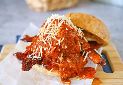 Bacon Meatball Sandwich Bacon For Dinner, Meatball Sandwich, Scrumptious Food, Best Bacon, Tacos And Burritos, Sandwiches For Lunch, Football Food, Soup And Sandwich, Wrap Recipes