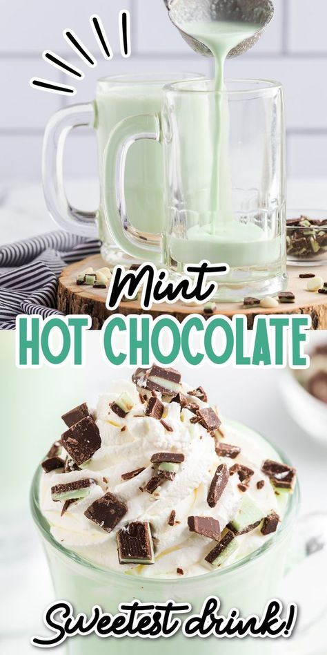 Mint Hot Chocolate Recipe, Mint Hot Chocolate, Creamy Hot Chocolate Recipe, White Hot Chocolate Recipe, Hot Chocolate Ingredients, Hot Chocolate Recipe Homemade, Hot Chocolate Mix Recipe, Fun Drink Recipe, Peppermint Hot Cocoa