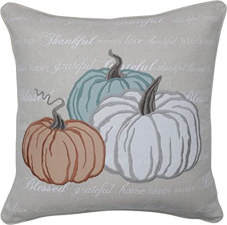 Painted Pillows, Farmhouse Decorative Pillows, Fall Yellow, Grey Pillow, Pumpkin Applique, Applique Pillows, Inspirational Text, Wool Throw Pillows, Felt Applique