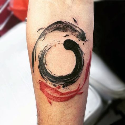 Black And Red Koi Fish Enso Guys Inner Forearm Tattoo Inner Forearm Tattoo, Maori Tattoos, Koi Tattoo, Bicep Tattoo, Koi Fish Tattoo, Disney Tattoo, Geniale Tattoos, Tiny Tattoo, Mother Daughter Tattoos