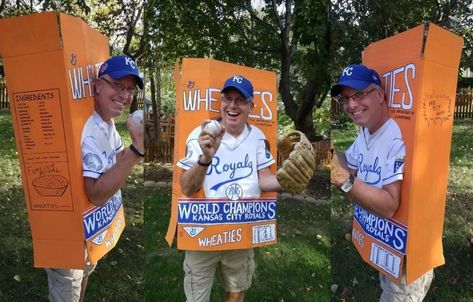 Baseball season has started and I am a big Kansas City Royals fan. Here is my Royals Wheaties Cereal Box that I made and painted. The box is made like a Wheaties cereal box including the Breakfast of Champions. It includes a hole in the front of the box for me to stick my head through it, as if I am the Royals player on the front of the box. I made this for a prior year’s Halloween costume contest and did win some contests. Wheaties Cereal, Box Costumes, The Royals, Breakfast Of Champions, Halloween Costume Contest, Baseball Season, Costume Contest, The Breakfast, Kansas City Royals