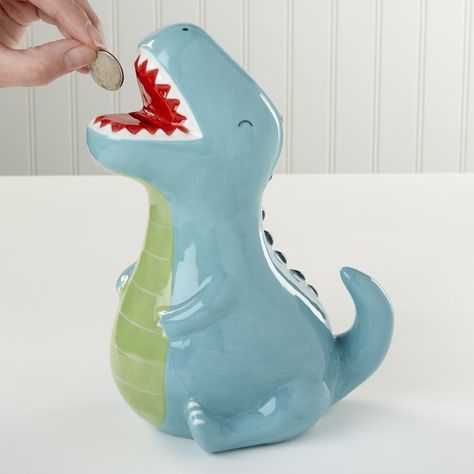 Dino Baby Ceramic T-Rex Piggy Bank Unicorn Piggy Bank, Dinosaur Stuff, High School Ceramics, Clay Pipes, Baby Boy Nursery Decor, Dinosaur Nursery, Ceramic Ideas, Design Toscano, Coin Bank