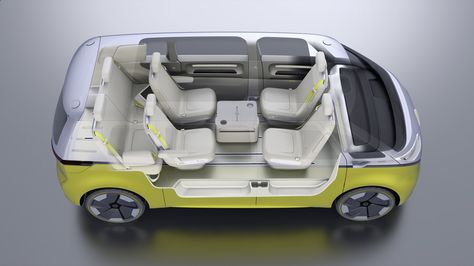 Volkswagen's new I.D. Buzz electric vehicle concept is a futuristic take on the microbus that revives the family camper for an era when we'll spent just as.. Vw Buzz, Vw Interior, Gerobak Dorong, Electric Car Concept, T6 California, Mini Vans, Kombi Motorhome, Electric Van, Volkswagen New Beetle