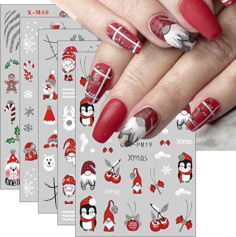 Gnome Nails, Christmas Nail Stickers, Snowflake Nail Art, Nail Art Techniques, Nail Art Decals, Nail Art Stickers Decals, Manicure Diy, Christmas Nail Art Designs, Nail Art Sticker