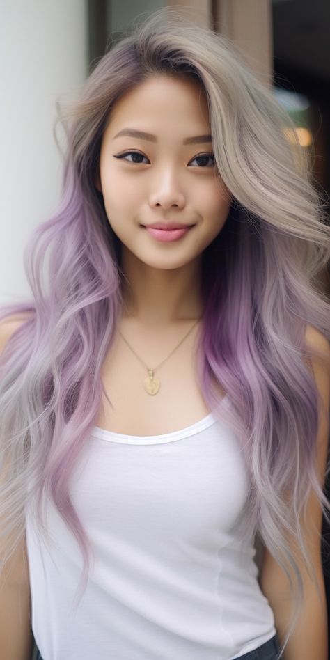 Image of a young Asian girl with long hair in a trendy mix of lavender and blonde colors, a fusion of Eastern style and Western color trend, promoting eco-friendly beauty. Soft Lavender Hair Color, Lavender Hair Piece, Violet And Blonde Hair, Lavender Money Piece Hair, Lavender Blonde Hair, Blonde And Purple Hair, Purple Underneath Hair, Lavender And Blonde Hair, Lavender Grey Hair