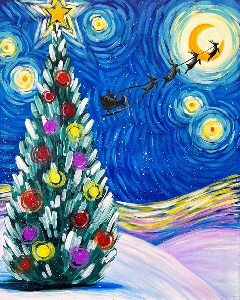 Christmas Art Adults, Winter Starry Night, Famous Christmas Paintings, Van Gogh Christmas Art, Stary Night Christmas, Intermediate Christmas Art, Starry Winter Night, Sip And Paint Ideas Christmas, Starry Night Christmas Tree