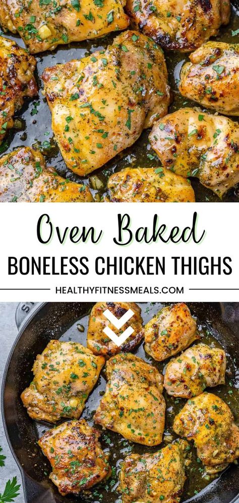 These Oven Baked Boneless Chicken Thighs are so tender, juicy, and packed with flavor. Perfect for any day of the week and great to use over salads or used for sandwiches or tacos. Even though chicken breasts are much leaner than chicken thighs, chicken thighs do come out quite tender and juicy. These baked chicken thighs are boneless and skinless, made with some broth, honey, garlic, and seasonings. Sweet and tangy-flavored chicken is our go-to way to prepare chicken. Oven Baked Boneless Chicken Thighs, Baked Skinless Chicken Thighs, Boneless And Skinless Chicken Thighs, Baked Boneless Chicken, Chicken Thighs In Oven, Chicken Thighs Baked, Baked Boneless Chicken Thighs, Oven Baked Chicken Thighs, Healthy Baked Chicken