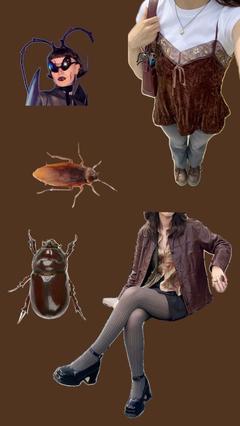 brown outfit inspo for beetle or roach costumes Stag Beetle Costume, Bug Aesthetic Outfit, Bug Inspired Outfits, Roach Costume, Beetle Costume, Bug Costume, Birthday Vibes, Thrift Inspo, Stag Beetle