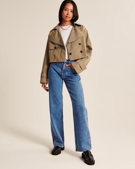 Women's Cropped Trench Coat | Women's Clearance | Abercrombie.com Cropped Trench Coat, Oversized Denim Shirt, Short Trench Coat, Trench Coat Outfit, Looks Street Style, Cropped Denim Jacket, Coat Outfits, Trench Coats Women, Women's Coats & Jackets