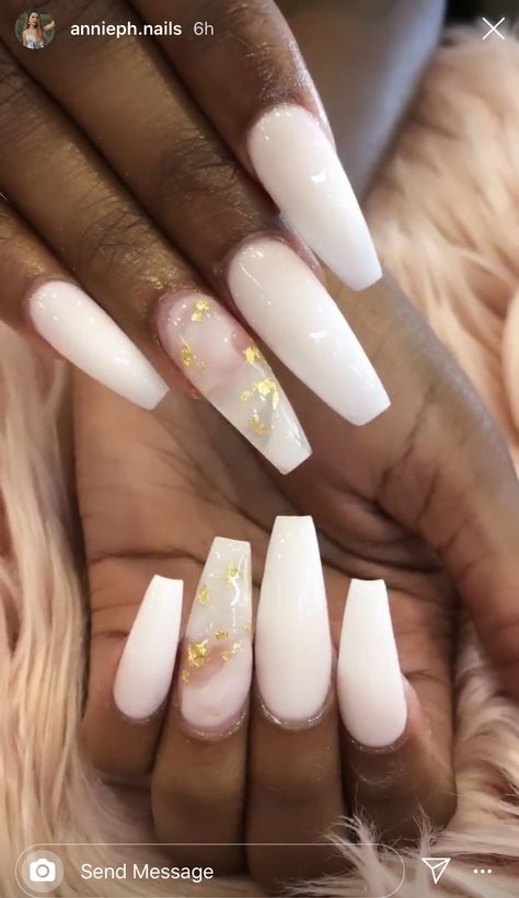 Creamy White Nails With Designs, White Festival Nails, Stiletto Nails Milky White, White And Gold Acrylic Nails Coffin, White And Marble Nails, White Marble Nails With Gold Flakes, Ongles Blanc Laiteux Nail Art, White And Gold Nails Acrylic, White Nails With Gold Flakes