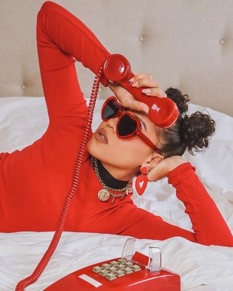 Heart Sunglasses Photoshoot, Sunglasses Photoshoot Photo Ideas, Vintage Phone Photoshoot, Photoshoot With Phone, Red Photoshoot Ideas, Telephone Photoshoot, Rebranding Photoshoot, Red Vintage Phone, Vintage Style Photoshoot