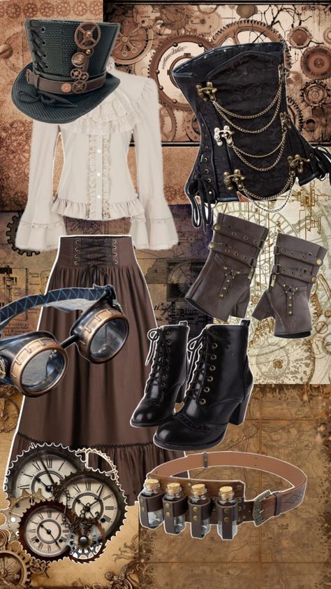 #steampunk #aesthetic #cute #collage #outfit Aesthetic Steampunk Outfit, Scarecrow Inspired Outfit, Steampunk Fashion Accessories, Steampunk Fashion Aesthetic, Easy Steampunk Costume Diy, Steampunk Goth Outfits, Casual Steampunk Outfits, Steampunk Aesthetic Outfit, Steampunk Accessories Women