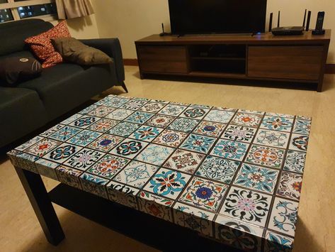 Ikea Lack Coffee Table Hack, Coffee Table Hacks, Ikea Lack Coffee Table, Moroccan Wallpaper, Lack Coffee Table, Tiled Coffee Table, Tile Table, Ikea Lack, Upcycle Ideas