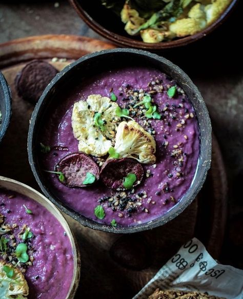 TOP FIVE RECIPES I'M LOVING: Potato Cauliflower Soup, Sweet Potato Cauliflower, Purple Sweet Potato, Purple Food, Cauliflower Soup, Sweet Potato, Potato, Salad, Bread