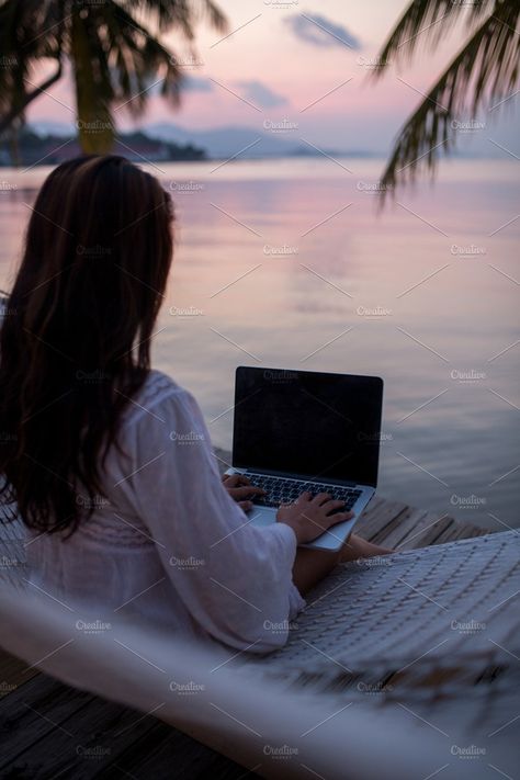 Woman working on computer at sunset by Beach Babe Stock on @creativemarket Life By The Beach Aesthetic, Work By The Beach, Work On The Beach, Work At The Beach, Working From Beach, Working On Beach, Working Women Pictures, Woman Working Aesthetic, Working Women Aesthetic