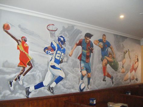 Soccer Themed Bedroom, Sport Bar Design, Graffiti Bedroom, Boys Room Mural, Horror Wallpaper, Mural Cafe, Kids Sports Room, Gym Wall Decal, School Wall Art