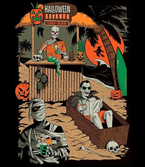 Halloween Summer Wallpaper, Summerween Background, Summerween Aesthetic Wallpaper, Spooky Summer Wallpaper, Tropical Goth Aesthetic, Spooky Summer Aesthetic, Tiki Horror, Summerween Wallpaper, Spooky Tiki