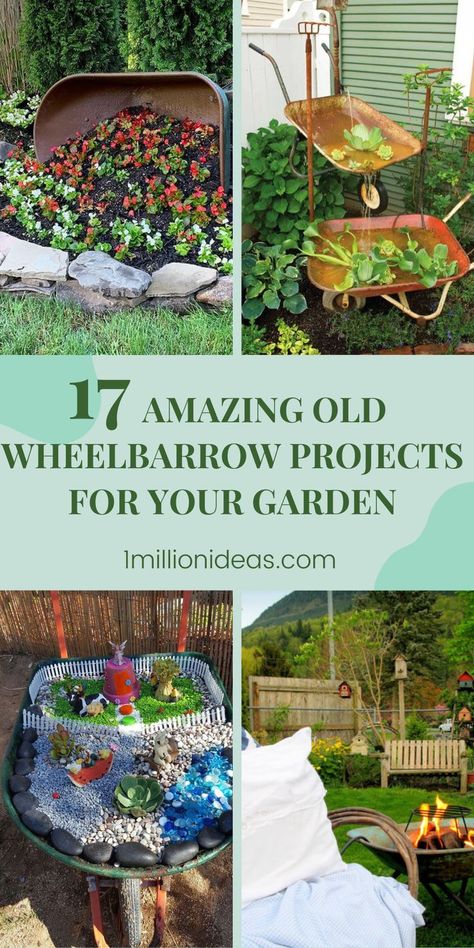 Do you want to try to make something special with your old and rusty wheelbarrows? The post today has great ideas to help you can turn this rusty piece of junk into cool and very practical things for the outdoors. Of course, these ideas also certainly give your wheelbarrow a makeover and a new purpose instead of letting them become a waste to send to the junkyard. Barrel Garden Ideas, Wheel Barrel Planter, Wheelbarrow Decor, Rustic Wheelbarrows, Mini Cactus Garden, Farm Landscaping, Fire Pit Decor, Rustic Garden Ideas, Wheelbarrow Planter