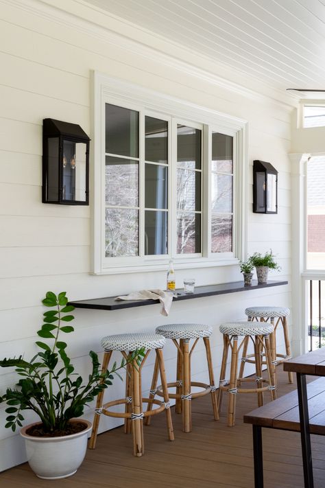 Outdoor covered patio with bar and barstools at kitchen window by Prescott Design Outdoor Kitchen Window Bar, Kitchen Window Outdoor Bar Counter, Covered Patio With Bar, Patio With Bar, Garden Window Kitchen, Sunroom Bar, Pass Through Kitchen, Kitchen Window Bar, Bar Window