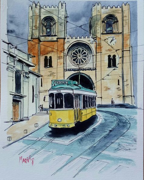 Lisboa Painting, Sunrise Art Painting, Portugal Watercolor, Portugal Painting, Old Train Station, Building Sketch, Sunrise Art, Art Beat, Watercolor Architecture