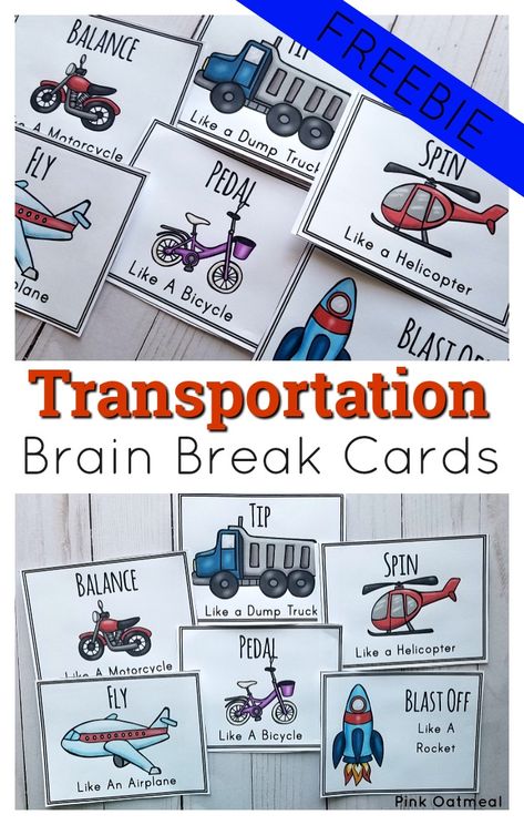 Transportation Brain Break Cards are fun activities to incorporate movement in to your lesson plans!  Kids will love to pretend to pedal a bike, spin like a helicopter and much more.  Great for toddler, preschool, kindergarten and up! Transportation Gross Motor, Transportation Preschool Activities, Transportation Theme Preschool, Transportation Unit, Transportation Activities, Toddler Lessons, Community Helpers Preschool, Transportation Crafts, Transportation Preschool