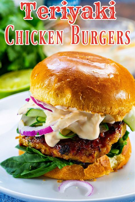 Teriyaki Chicken Burgers, Hawaiian Chicken Burgers, Teriyaki Chicken Sandwich, Teriyaki Burger, Ground Chicken Burgers, Teriyaki Burgers, Spicy Southern Kitchen, Burger Recipes Beef, Sliced Cucumber