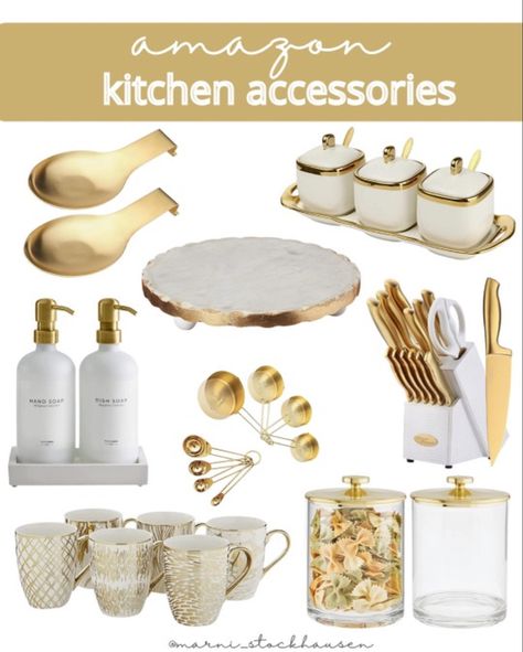 Kitchen accessories from amazon Gold Tray Decor, Gold Kitchen Utensils, White Kitchen Accessories, Amazon Kitchen Decor, Gold Kitchen Accessories, Kitchen Decor Collections, Glam Kitchen, White Kitchen Decor, Coffee Bar Home