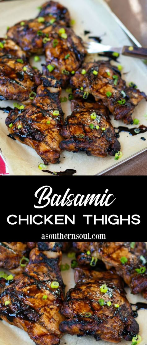 For an easy weeknight meal or a casual weekend get together, Balsamic Chicken Thighs are always a welcome sight at the table. Marinated in balsamic vinegar, honey with fresh herbs and garlic, this chicken is tender, juicy, tangy, and sweet. Recipes Using Balsamic Vinegar, Recipes With Balsamic Vinegar, Balsamic Chicken Marinades, Balsamic Chicken Thighs, Vinegar Recipes, Balsamic Vinegar Recipes, Balsamic Chicken Recipes, Lunch Picnic, A Southern Soul