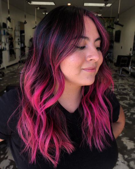 19 Hottest Black Hair with Highlights Trending in 2021 Dyed Hair Not Roots, Black With Pink Money Piece, Pops Of Color Hair Brunette, Vivid Underneath Hair, Pink And Blue Highlights In Brown Hair, Hair Color Pink And Black, Brown Hair With Vivid Color, Hot Pink Hair Streaks, Hot Pink Highlights In Black Hair