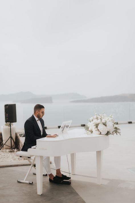 Piano At Wedding Ceremony, White Piano Wedding, Piano At Wedding, Transparent Furniture, Piano Wedding, Silver Color Palette, White Piano, All White Wedding, Santorini Wedding