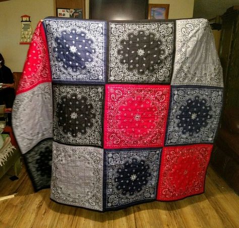 For grandsons Bandana Quilt, Bandana Crafts, Bandana Blanket, Rag Quilt Patterns, Picnic Quilt, Blue Bandana, Westlake Village, Denim Quilt, Blue Flannel