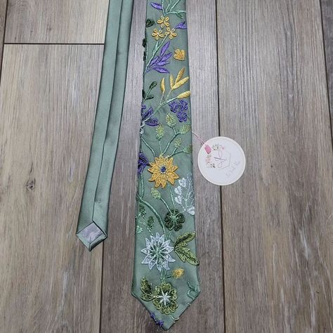 FLORAL TIES 🌿 Abby found my Lennox Ties on Etsy and asked if I could make one to match the lace on her wedding dress. I had this floral lace in my inventory a while back, so I knew immediately that we could make her vision come to life. The lace comes on a green tulle, which blends perfectly with my sage satin tie. 👌 https://lavoilerose.etsy.com #neckties #custom #handmade #veils #sewing #floral #wedding ##brideandgroom #style #etsy #embroidery Floral Tie Wedding, Tie Embroidery, Manifesting Board, Floral Ties, Kutch Embroidery, Etsy Embroidery, Floral Veil, Secret Closet, Embroidered Tie