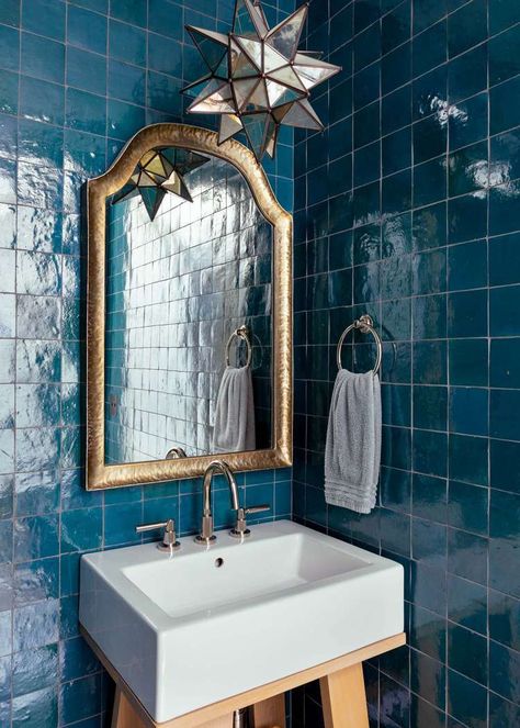 41 Bathroom Color Ideas That Will Wake Up Your Space Old Blue Tile Bathroom, Blue Accent Wall Ideas, Navy Blue Accent Wall, Blue Tile Bathroom, Blue Accent Wall, Aqua Bathroom, Blue Bathrooms Designs, Blue Bathroom Tile, Ford Interior