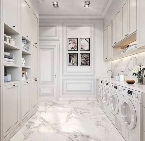 Big laundry room with double appliances White Laundry Room, Laundry Room Storage Shelves, Laundry Room Ideas Small Space, Room Storage Diy, Dream Laundry Room, White Laundry, Large Laundry Rooms, Mudroom Laundry Room, Laundry Room Layouts